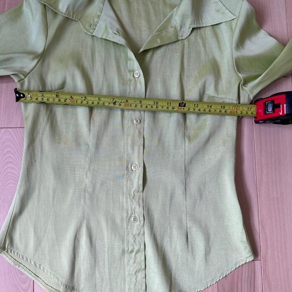 Vintage 90s Dynamite Lime Green Satin Shirt – Fitted Shimmery Button-Up (Size S) - Picture 6 of 8